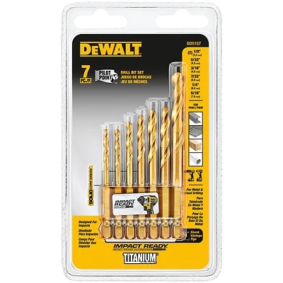 DeWalt DD5157 Titanium Impact Ready Drill Bit Set, 1/4 In. Hex Shank, 7-Pc.