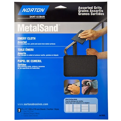 Norton MetalSand Emery Cloth Sanding Sheets, 9 x 11 In., 3-Pack