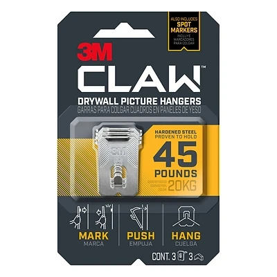 3M CLAW 3PH45M-3ES Drywall Picture Hanger, 45 lb, Steel, Push-In, 3/PK