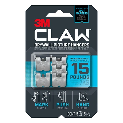 3M CLAW 3PH15M-5ES Drywall Picture Hanger, 15 lb, Steel, Push-In, 5/PK