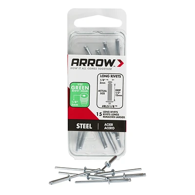 Arrow RLS1/8 Pop Rivet, Long, 1/2 in Grip, 1/2 in L, Steel, 15/PK