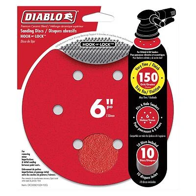Diablo DCD060150H10G Sanding Disc, 6 in Dia, 150 Grit, Very Fine, Ceramic Abrasive, Paper Backing, 6-Hole