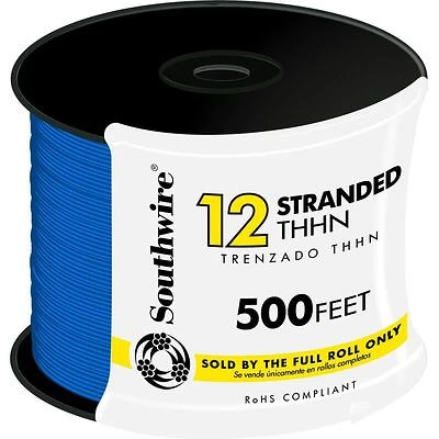 Southwire 22967458 THHN Building Wire, 12-Strand, Blue, 500 Ft.