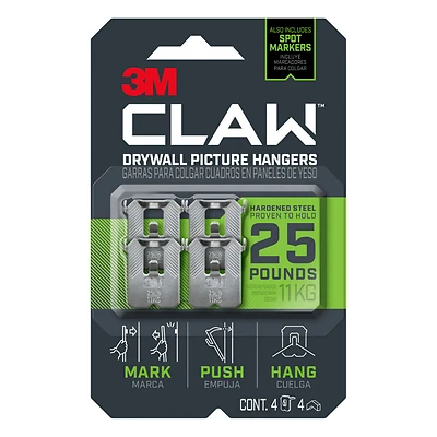 3M CLAW 3PH25M-4ES Drywall Picture Hanger, 25 lb, Steel, Push-In, 4/PK