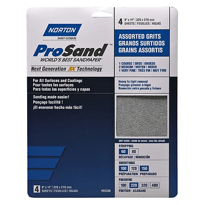 Norton ProSand 07660705386 Sanding Sheet, 11 in. L x 9 in. W, Assorted Grit, 4 pk