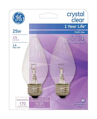 GE 75337 Ceiling Fan Bulb, 25 W, F15 Lamp, E26 Medium Lamp Base, 190 Lumens, 2500 K Color Temp