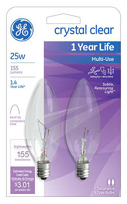 GE 74978 Ceiling Fan Bulb, 25 W, B10 Lamp, E12 Candelabra Lamp Base, 155 Lumens, 2500 K Color Temp