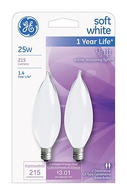 GE 66105 Chandelier Light Bulb, 25 W, CA10 Lamp, E12 Candelabra Lamp Base, 215 Lumens, 2500 K Color Temp
