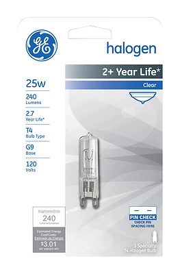 GE Edison Series 16754 Halogen Bulb, 25 W, G9 Lamp Base, T4 Lamp, White Light, 240 Lumens, 2650 K Color Temp