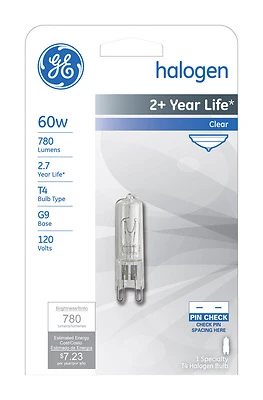 GE Edison Series 16756 Halogen Bulb, 60 W, G9 Lamp Base, T4 Lamp, White Light, 780 Lumens, 2800 K Color Temp