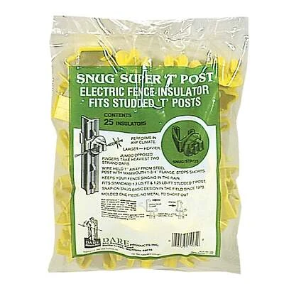 Electric Fence Insulator, T-Post, Snug-Fit, Yellow, 25-Pk.