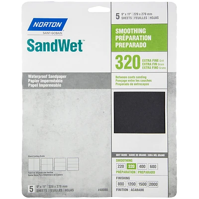 Norton 48080 SandWet Sanding Sheets, 9 x 11 In., 320 Grit, 5 Pk