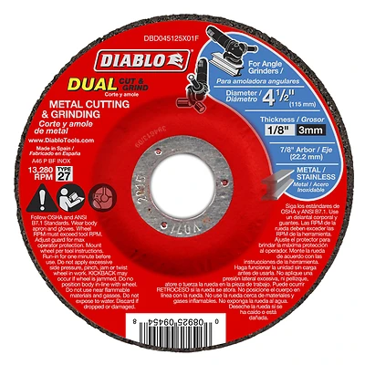 Diablo DBD045125X01F Cut and Grind Wheel, 4-1/2 in Dia, 1/8 in Thick, 7/8 in Arbor, Aluminum Oxide Abrasive