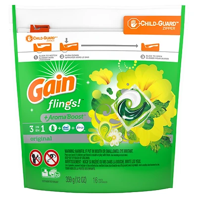 Gain Flings Liquid Washing Detergent pacs, Now with Odor Defense + Color Guard, Original Scent, 15 Count, 4-In-1 liquid laundry detergent pacs (Oxi, up to all day scent, Febreze Odor Defense and color guard), clean & fresh