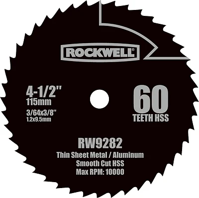 Rockwell RW9282 Circular Saw Blade, 4-1/2 In., 60 Teeth, 3/8 In. Arbor