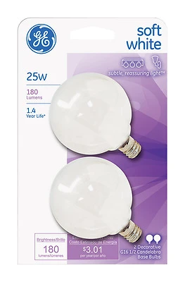 GE 44412 Light Bulb, 25 W, G16.5 Lamp, E12 Candelabra Lamp Base, 180 Lumens, 2500 K Color Temp, Soft White Light