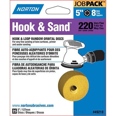 Norton 49218 Sanding Discs, 5 In, 220 Grit, Hook & Loop, 25-Pack