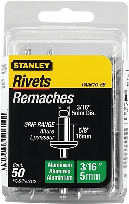 Stanley PAA610-5B Pop Rivet, 3/16 x 5/8", Aluminum, 50-Pack