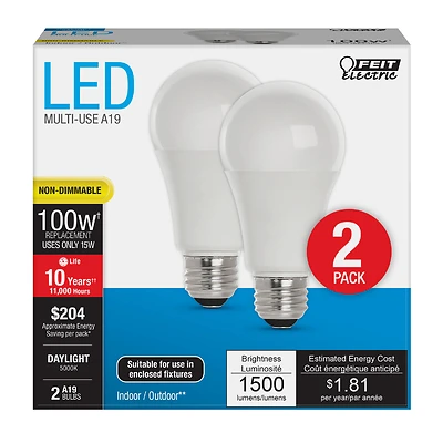 Feit Electric A1600/850/10KLED/2 A19 LED Light Bulb, 100W Equivalent, 5000K, 2-Pack