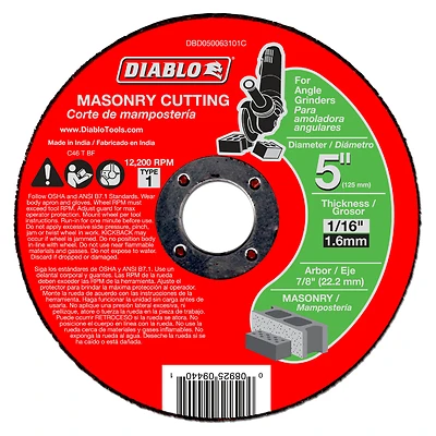 Diablo DBD050063101C Cut-Off Wheel, 5 in Dia, 1/16 in Thick, 7/8 in Arbor, Silicone Carbide Abrasive