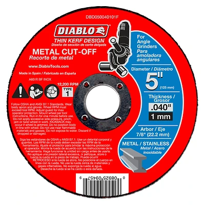 Diablo DBD050040101F Cut-Off Wheel, 5 in Dia, 0.04 in Thick, 7/8 in Arbor, Aluminum Oxide Abrasive