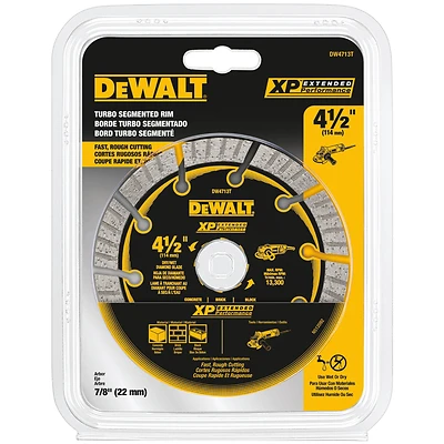 DEWALT DW4713T Circular Saw Blade, 4-1/2 in Dia, 5/8 in Arbor, Diamond Cutting Edge, Applicable Materials: Masonry
