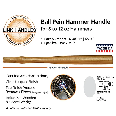 Link Handles 65548 Machinist Hammer Handle, 12 In, Hickory Wood