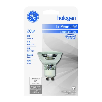 GE Edison 84940 MR16 Halogen Floodlight Bulb, 20W, GU10 Base, 80 Lumens