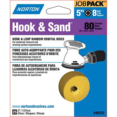 Norton 49223 5 In. 80 Grit Hook & Loop Sanding Discs, 8-Hole, 25-Pack