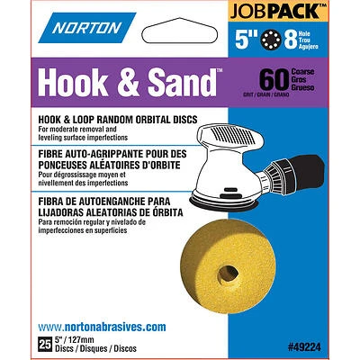 Norton 49224 5 In. Hook & Loop Sanding Disc, 60 Grit, 25-Pack