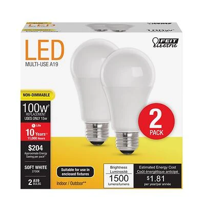 Feit Electric A1600/827/10KLED/2 LED Light Bulb, 1600 Lumens, 14.5-Watts, 2-Pk.
