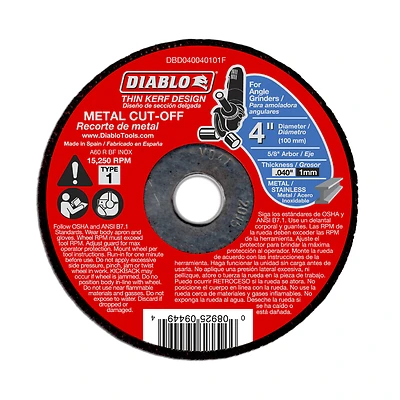 Diablo DBD040040101F Cut-Off Wheel, 4 in Dia, 0.04 in Thick, 5/8 in Arbor, Aluminum Oxide Abrasive