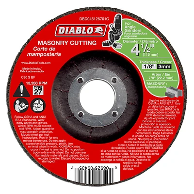 Diablo DBD045125701C Cut-Off Wheel, 4-1/2 in Dia, 1/8 in Thick, 7/8 in Arbor, Silicone Carbide Abrasive