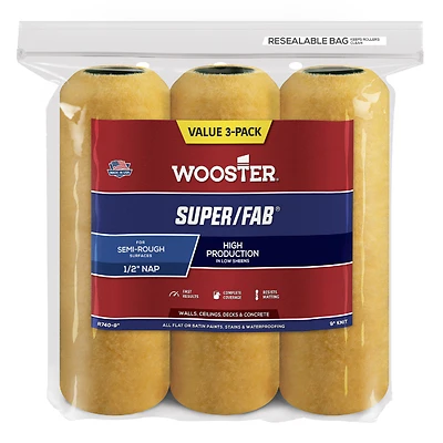 Wooster R740-9 Super/Fab Fabric Paint Roller Cover, 1/2 In. Nap, 9 In., 3 Pk