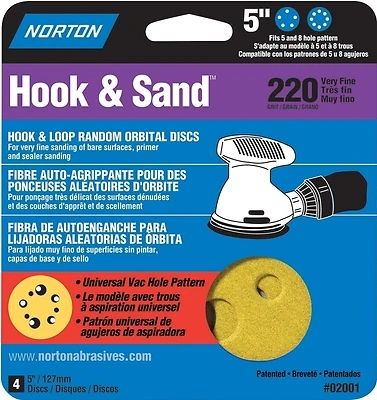02001 Sanding Disc, 5 In Dia, P220 Grit, Aluminum Oxide, Hook-and-loop, Pack Of 4