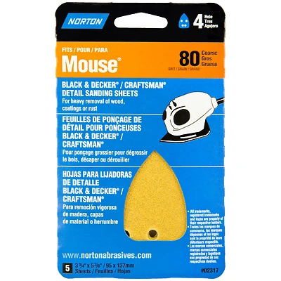 Norton 02317 Mouse Sandpaper, 5-3/8 in. x 3-3/4 in., 80 Grit, 5 Pack