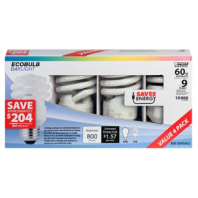 Esl13t/d/4 13w Daylight Spiral Cfl Bulb, 800 Lumens, 4 Pk, E26 Base