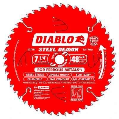 Diablo Steel Demon D0748CFA Circular Saw Blade, 7-1/4 in Dia, 5/8 in Arbor, 48-Teeth, Cermet Cutting Edge
