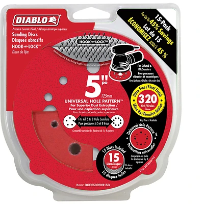 Diablo DCD050320H15G Sanding Disc, 5 In., 320 Grit, Ceramic, 12-Hole, 15-Pk.