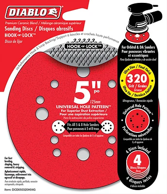 Diablo DCD050320H04G Sanding Disc, 5 in Dia, 320 Grit, Super Fine, Ceramic Abrasive, 12-Hole