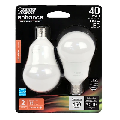 LED Ceiling Fan Light Bulbs, Candelabra, Soft White, 300 Lumens, 4.5-Watts, 2-Pk.