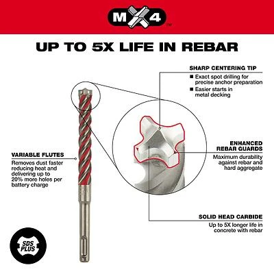 5/16 In. X 6 In. Mx4 Sds-plus 4-cutter Rotary Hammer Drill Bit