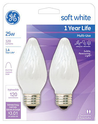 GE 75338 Ceiling Fan Bulb, 25 W, F15 Lamp, E26 Medium Lamp Base, 100 Lumens, 2400 K Color Temp, White Light