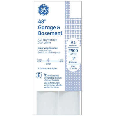 GE 66828 Light Bulb, 32 W, T8 Lamp, G13 Medium Bi-Pin Lamp Base, 2975 Lumens, 4100 K Color Temp, Cool White Light
