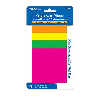 Bazic Products 3 in. W x 3 in. L Assorted Neon Sticky Notes 4 pad