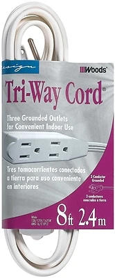 CCI 0609 Extension Cord, 16 AWG, 3 Outlets, 8 Ft, White