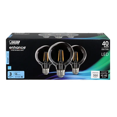 G25 E26 Filament Led Bulb, 40w Equivalent, Dimmable, 3 Pk, 350 Lumens