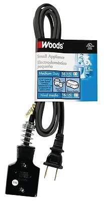 CCI 0290 Appliance Extension Cord, 6 Ft, 15A, 125V, Black