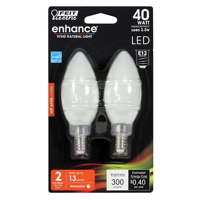 Feit Electric BPCTF40/927CA/FIL/2 Torpedo LED Bulb, E12 Base, 40W Equiv, Soft White, 2-Pk