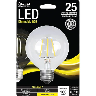 G25 E26 Led Bulb, 25w Equivalent, Dimmable, Soft White 2700k, 1 Pk